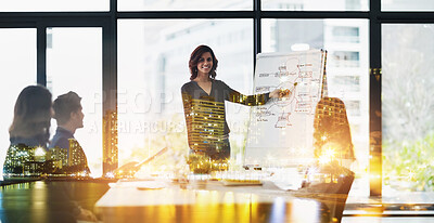 Buy stock photo Multiple exposure shot of a corporate business meeting superimposed over a cityscape