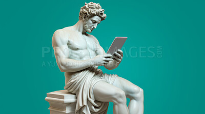 Sculpture or statue of David texting or using social media on a tablet on blue background
