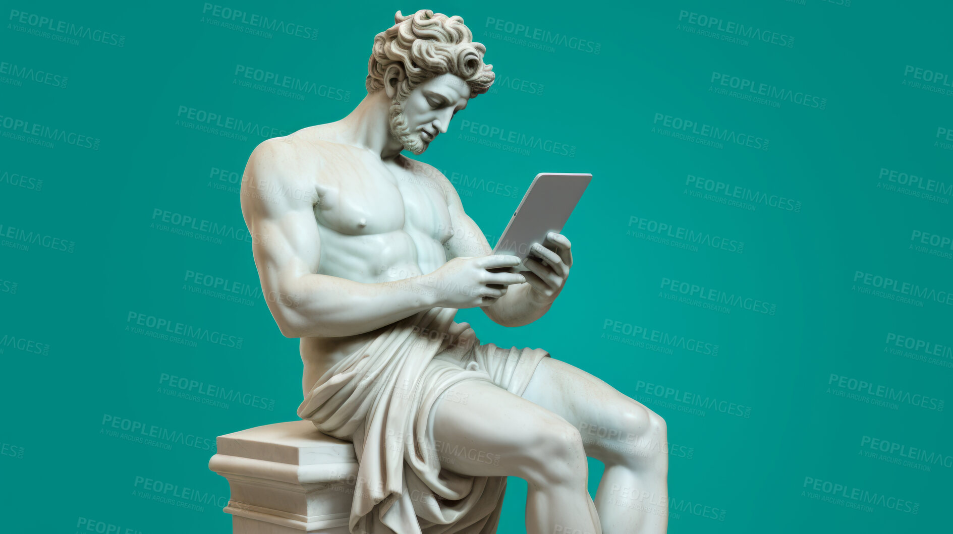 Buy stock photo Sculpture or statue of David texting or using social media on a tablet on blue background