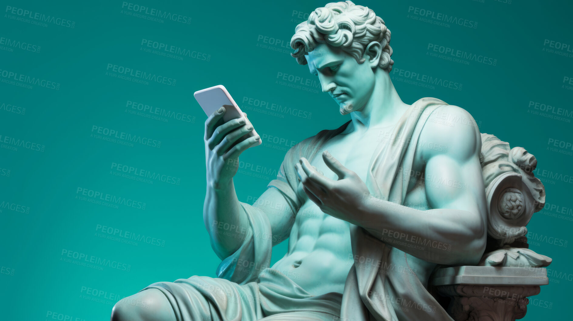 Buy stock photo Sculpture or statue of David texting or using social media on a cellphone on blue background