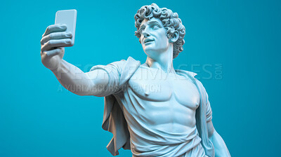 Buy stock photo Sculpture or statue of David taking a selfie on a cellphone against a blue background