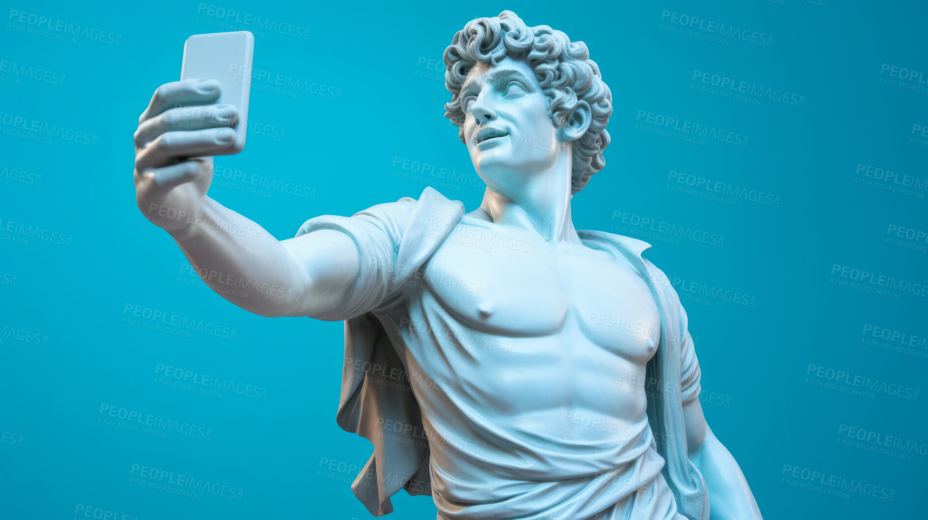 Buy stock photo Sculpture or statue of David taking a selfie on a cellphone against a blue background