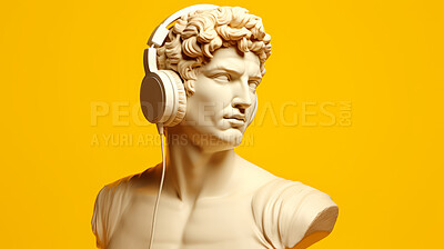 Sculpture or statue of David wearing headphones on yellow background