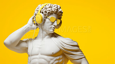 Sculpture or statue of David wearing headphones and glasses on yellow background