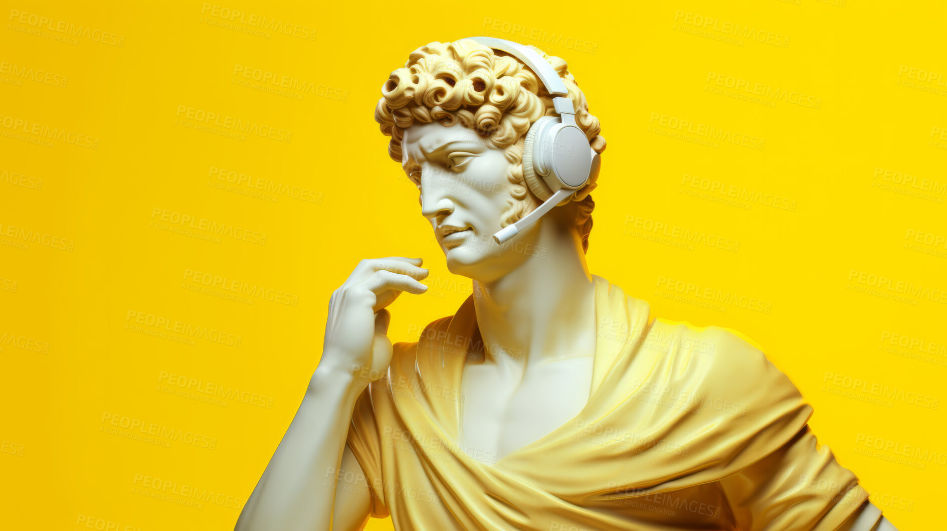 Buy stock photo Sculpture or statue of David wearing call centre headset on yellow background