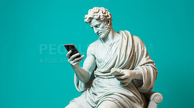 Sculpture or statue of David texting or using social media on a cellphone on blue background