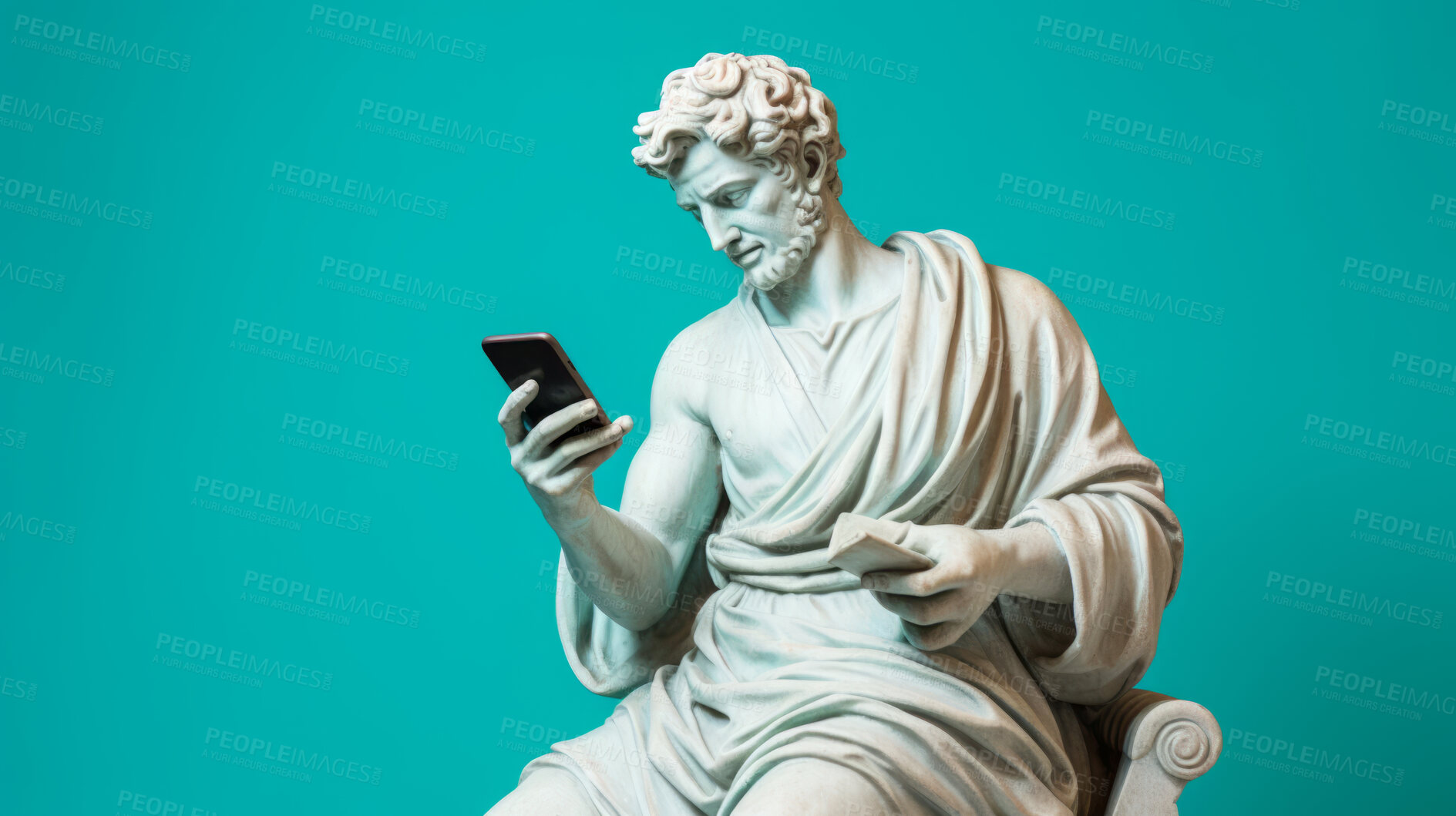 Buy stock photo Sculpture or statue of David texting or using social media on a cellphone on blue background