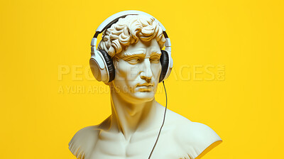 Sculpture or statue of David wearing headphones on yellow background