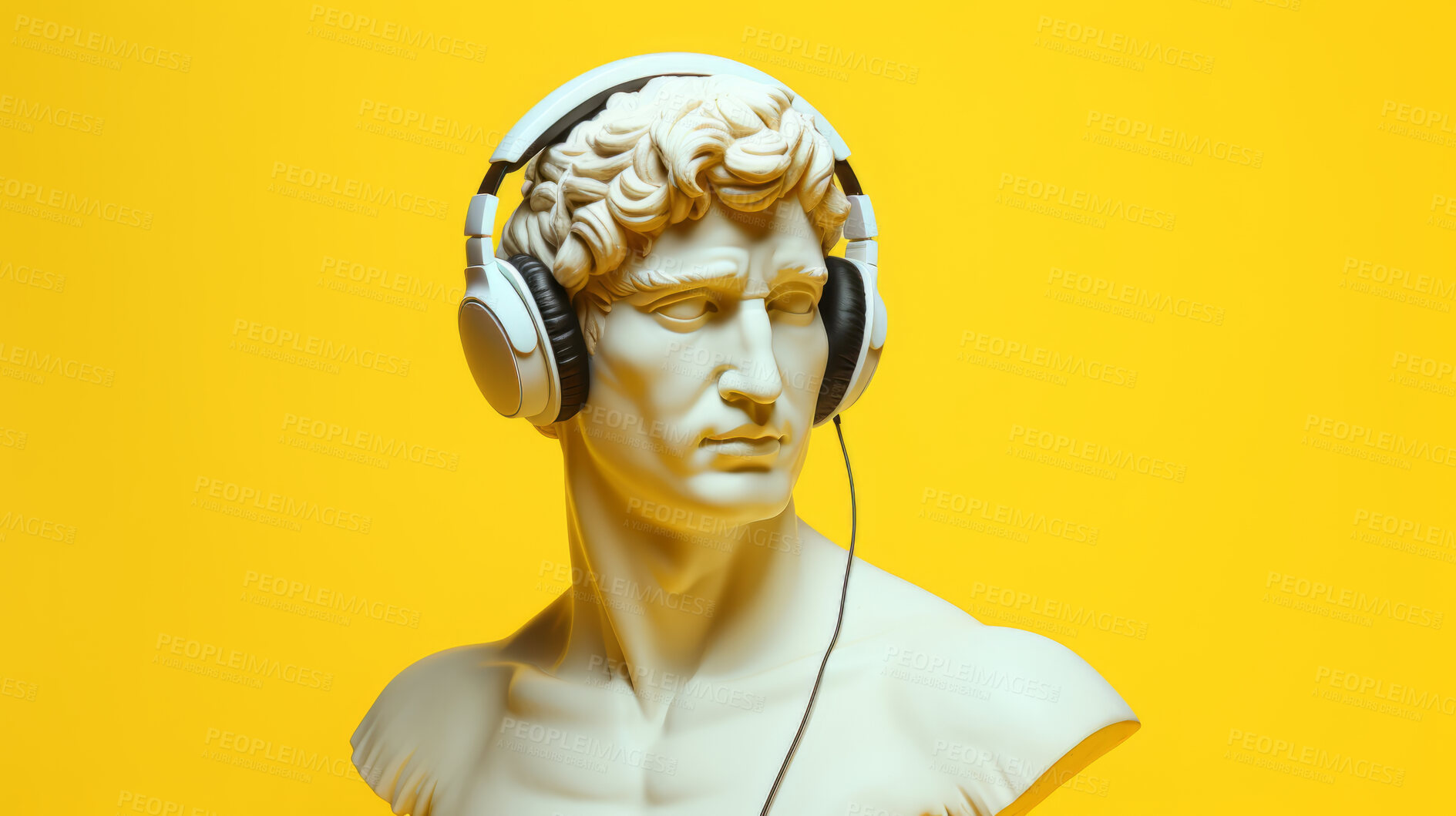 Buy stock photo Sculpture or statue of David wearing headphones on yellow background