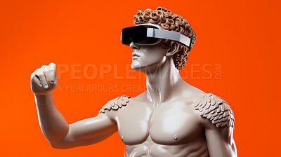 Buy stock photo Sculpture or statue of David wearing a VR headset on an orange background