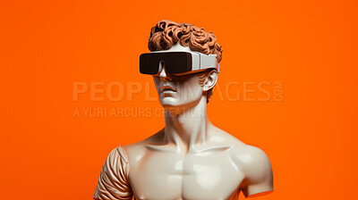 Buy stock photo Sculpture or statue of David wearing a VR headset on an orange background