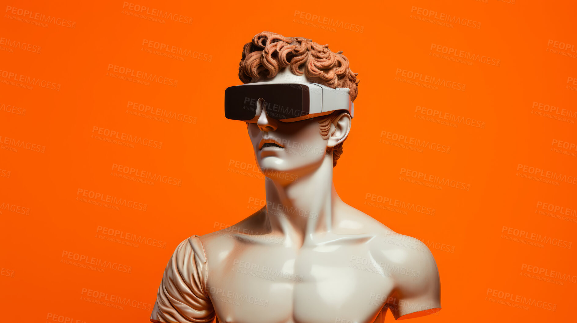 Buy stock photo Sculpture or statue of David wearing a VR headset on an orange background