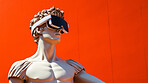 Sculpture or statue of David wearing a VR headset on a red background