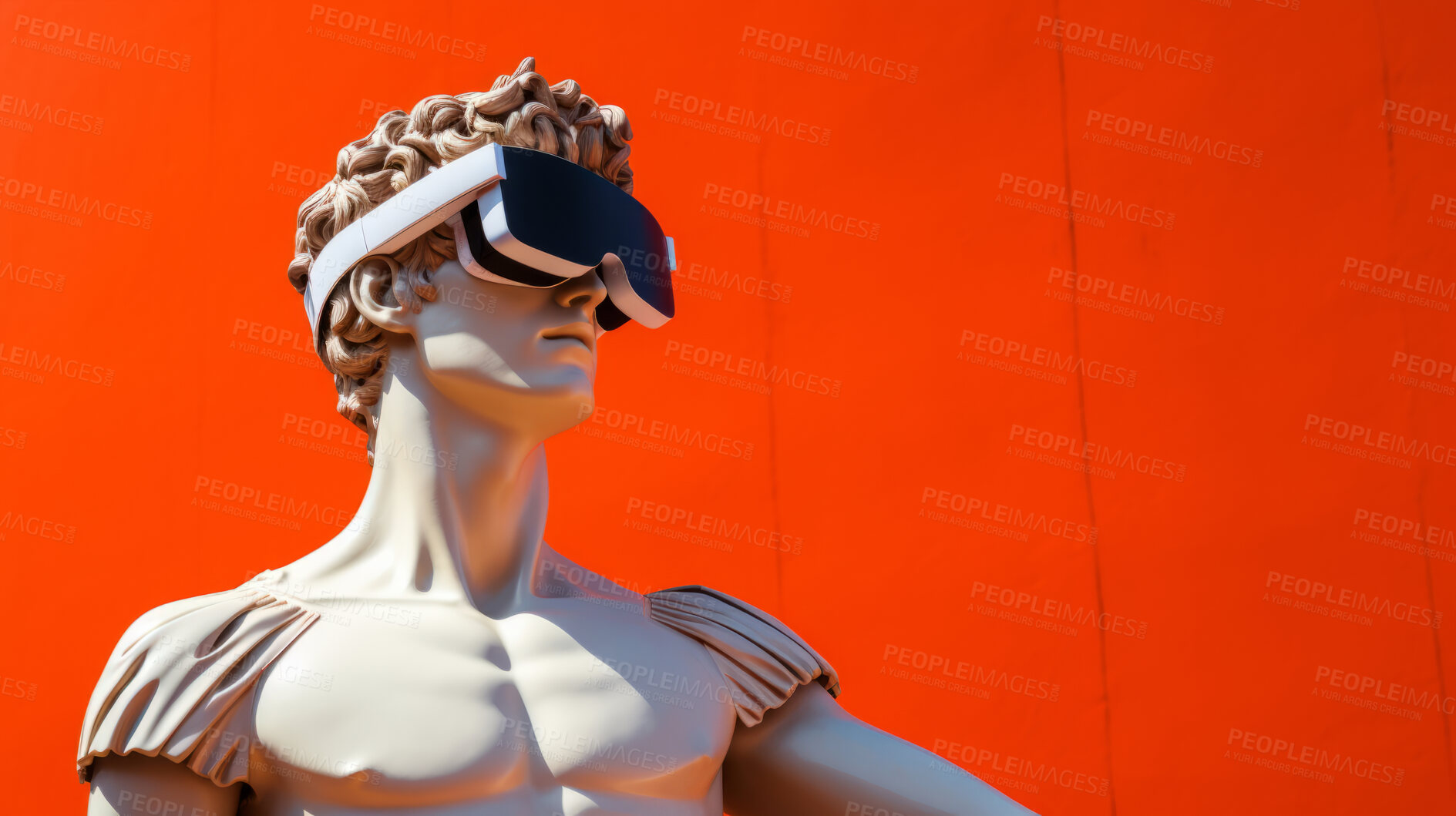 Buy stock photo Sculpture or statue of David wearing a VR headset on a red background