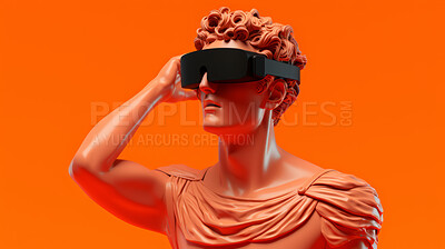 Buy stock photo Sculpture or statue of David wearing a VR headset on an orange background