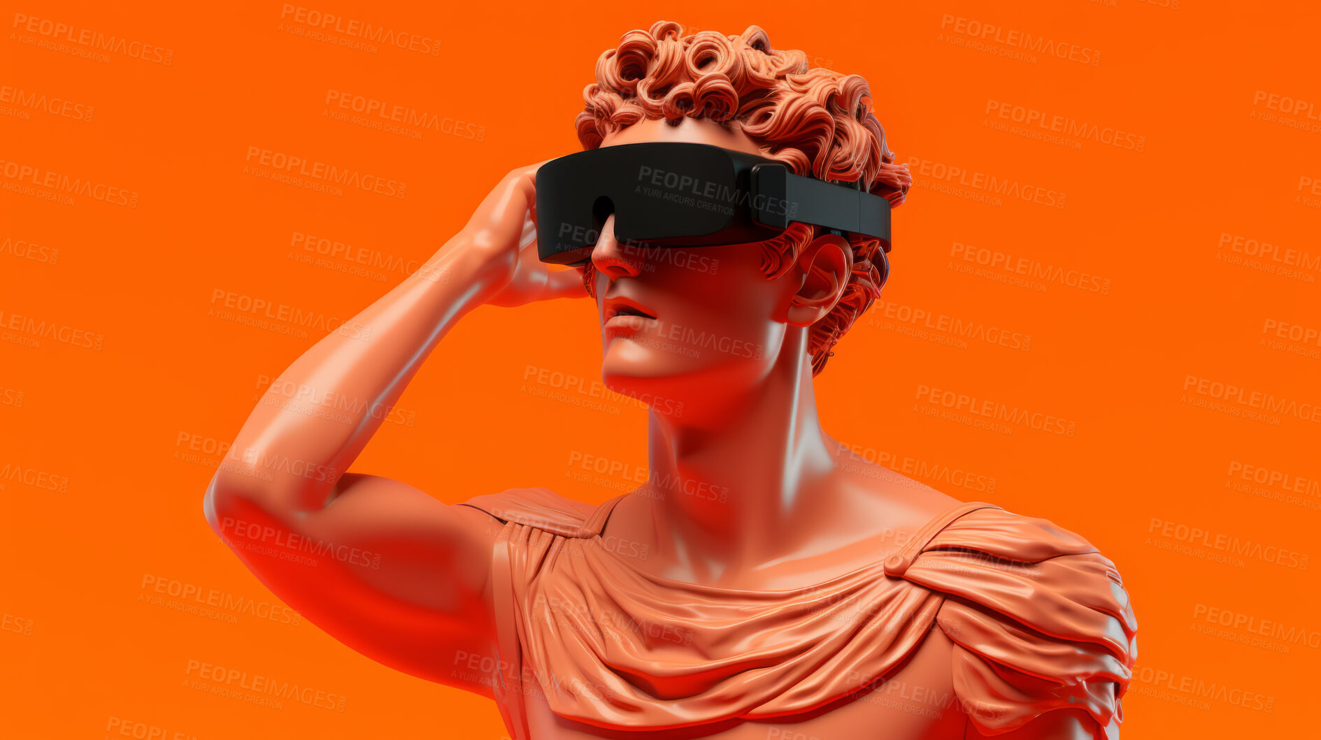 Buy stock photo Sculpture or statue of David wearing a VR headset on an orange background