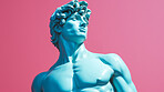 Sculpture or statue of blue David posing and looking on a pink background