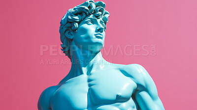 Sculpture or statue of blue David posing and looking on a pink background