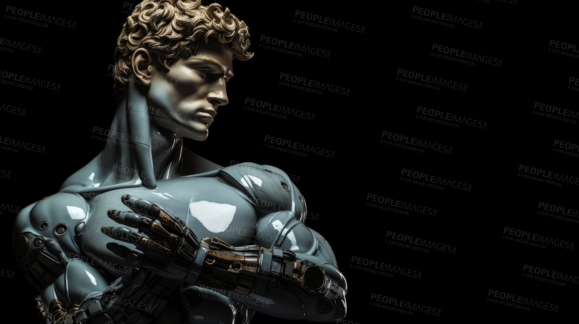 Buy stock photo Futuristic cyborg or robot Sculpture or statue of David on a dark background