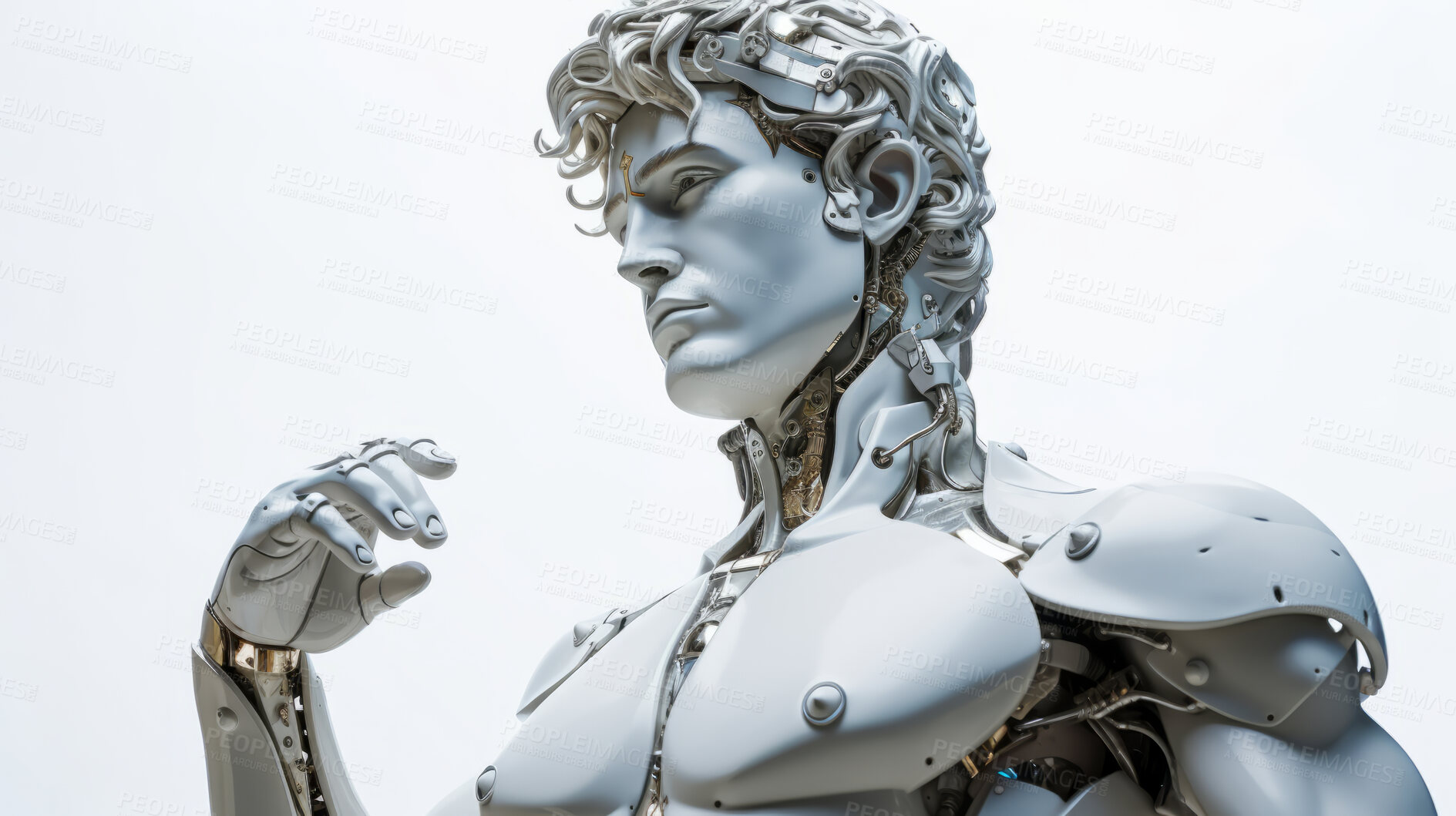 Buy stock photo Futuristic cyborg or robot Sculpture or statue of David on a white background