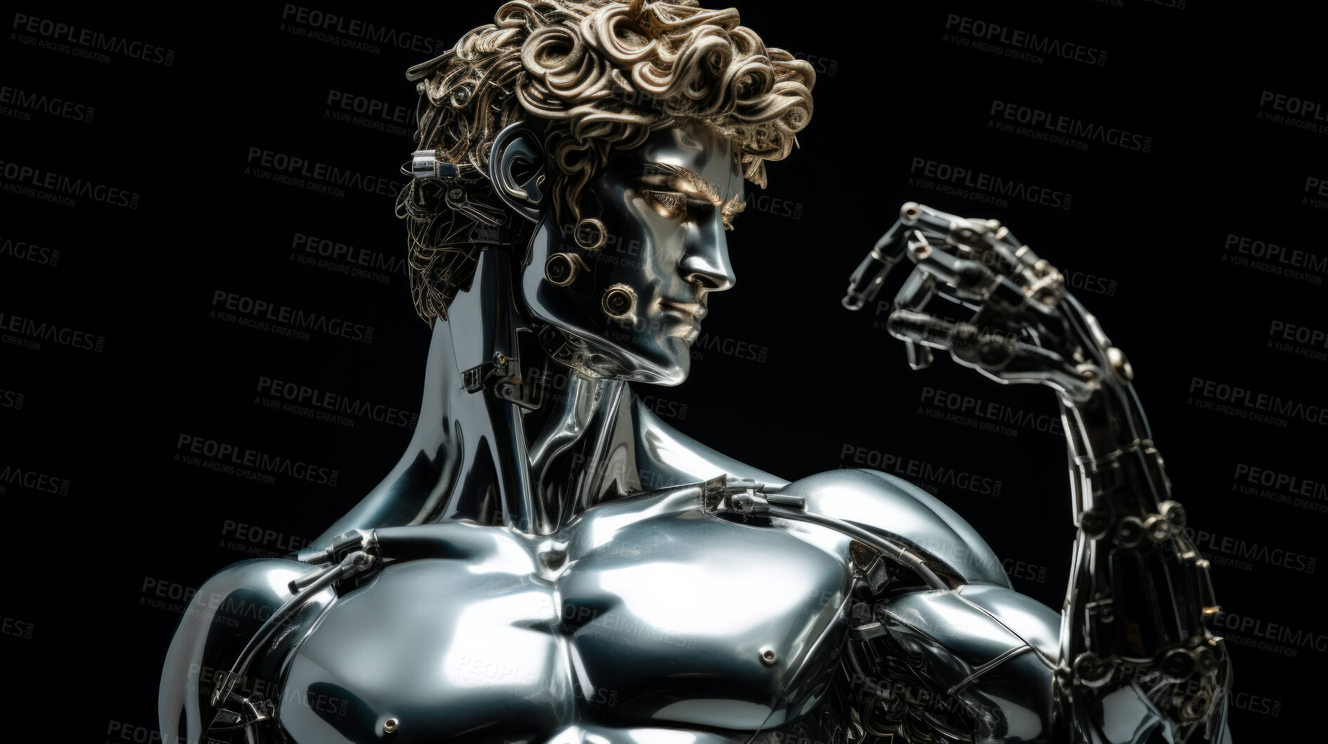 Buy stock photo Futuristic cyborg or robot Sculpture or statue of David on a dark background