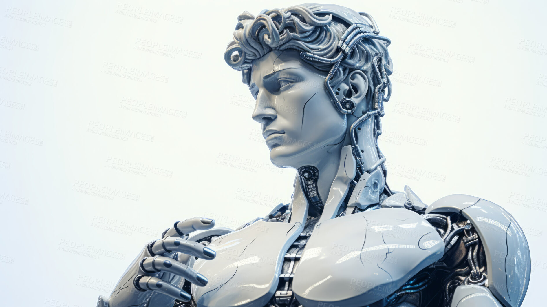 Buy stock photo Futuristic cyborg or robot Sculpture or statue of David on a white background