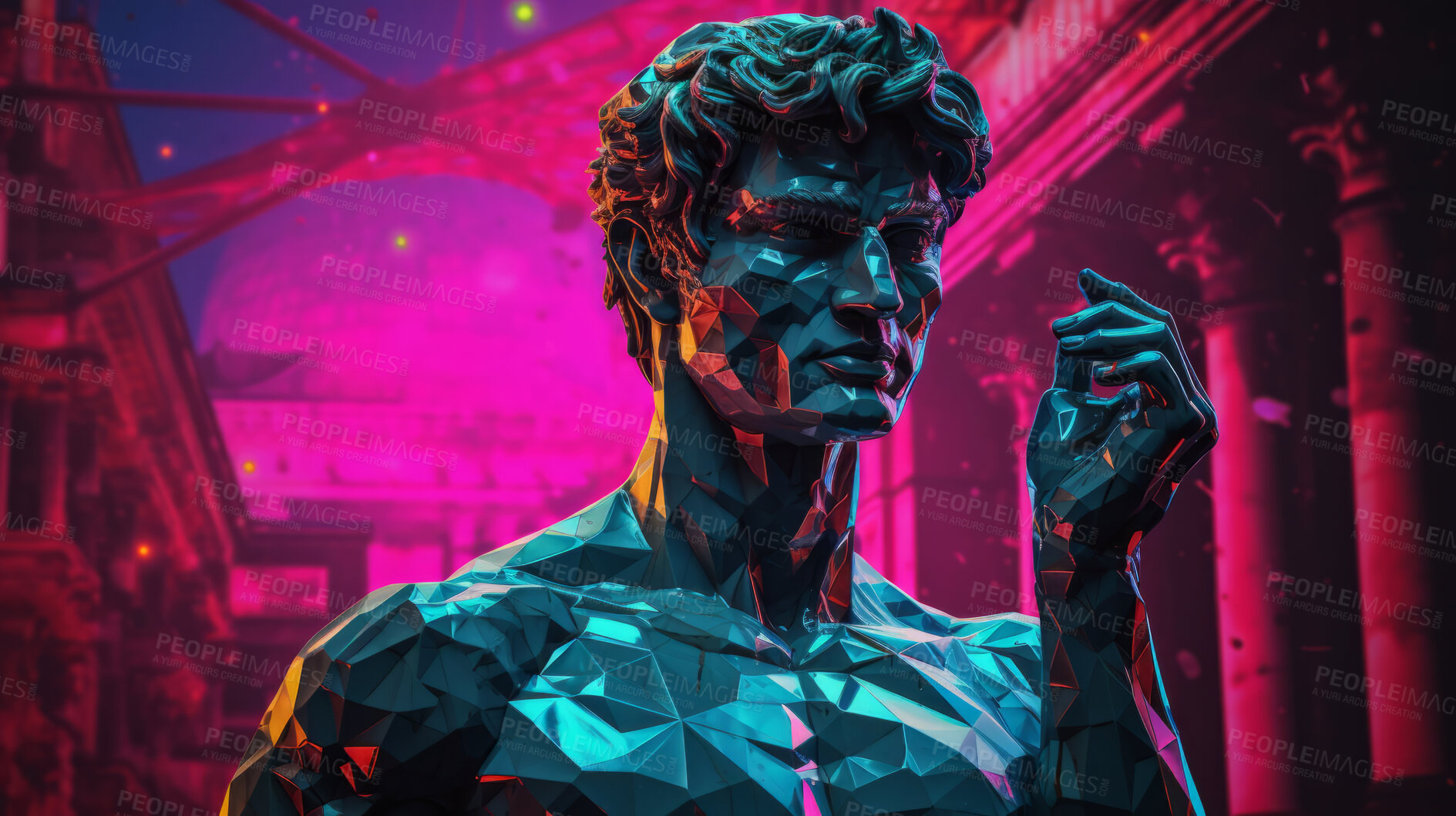 Buy stock photo Futuristic cyberpunk Sculpture or statue of David on a pink and dark background