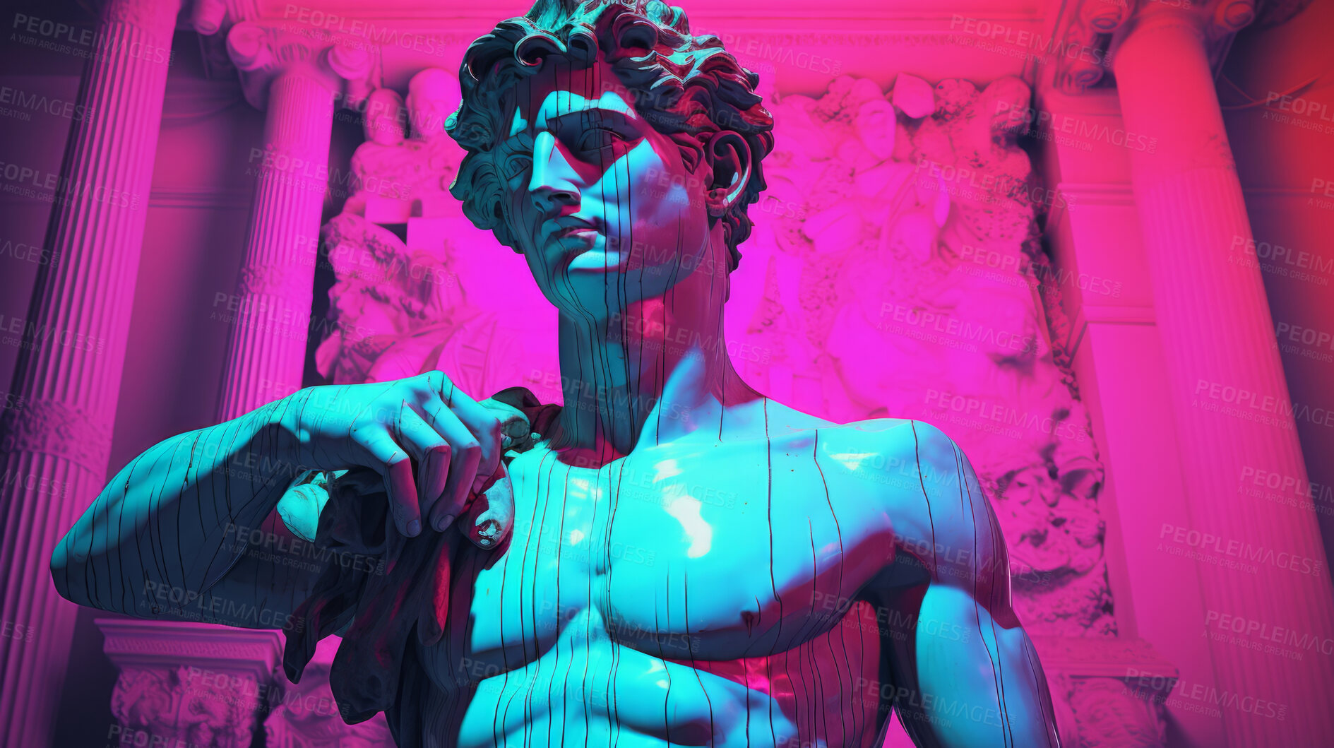 Buy stock photo Futuristic cyberpunk Sculpture or statue of David on a pink and dark background