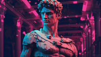 Futuristic cyberpunk Sculpture or statue of David on a pink and dark background