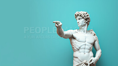 Sculpture or statue of David pointing and looking on a blue background