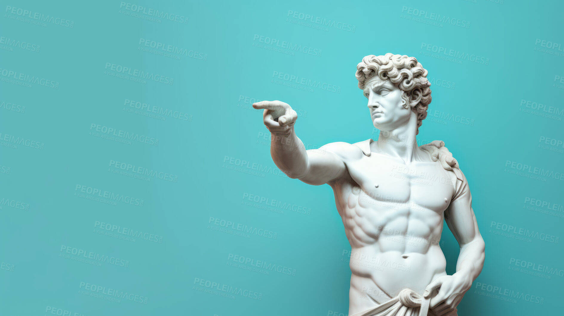 Buy stock photo Sculpture or statue of David pointing and looking on a blue background