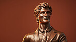 Smiling Sculpture or statue of David wearing a business suit on a brown background