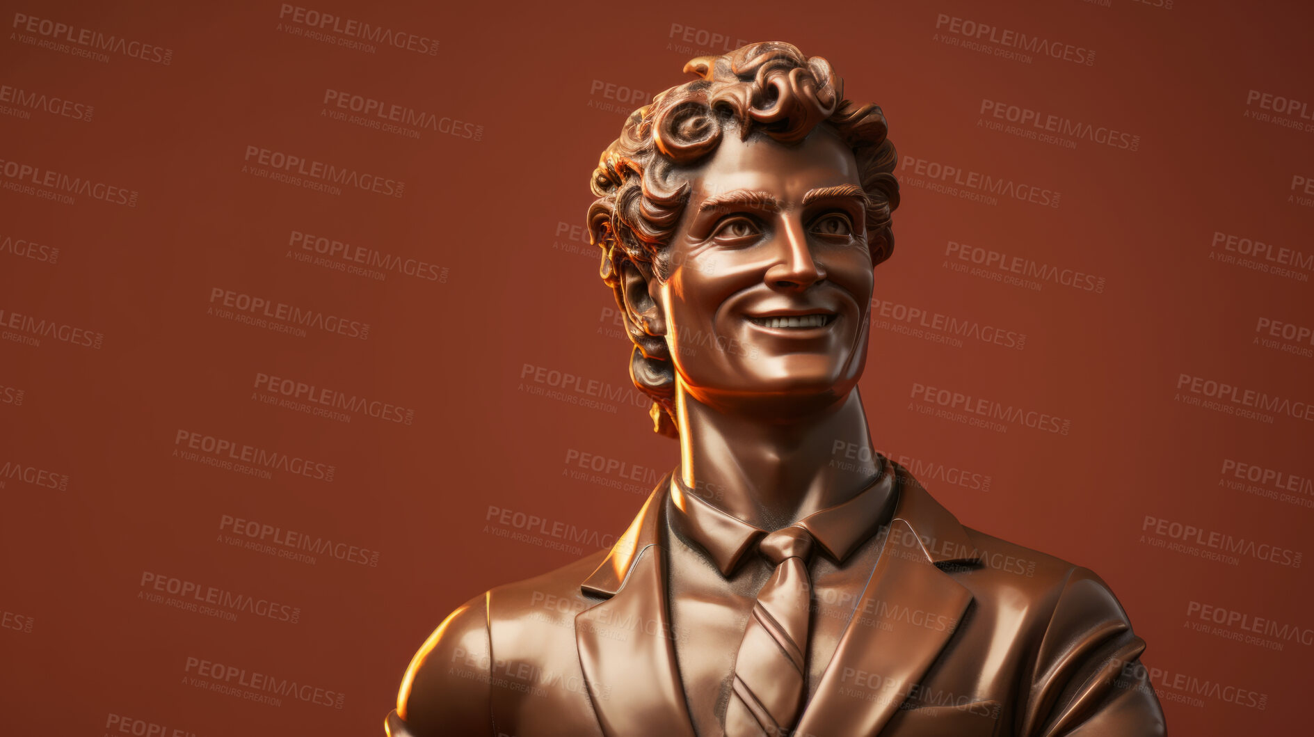 Buy stock photo Smiling Sculpture or statue of David wearing a business suit on a brown background