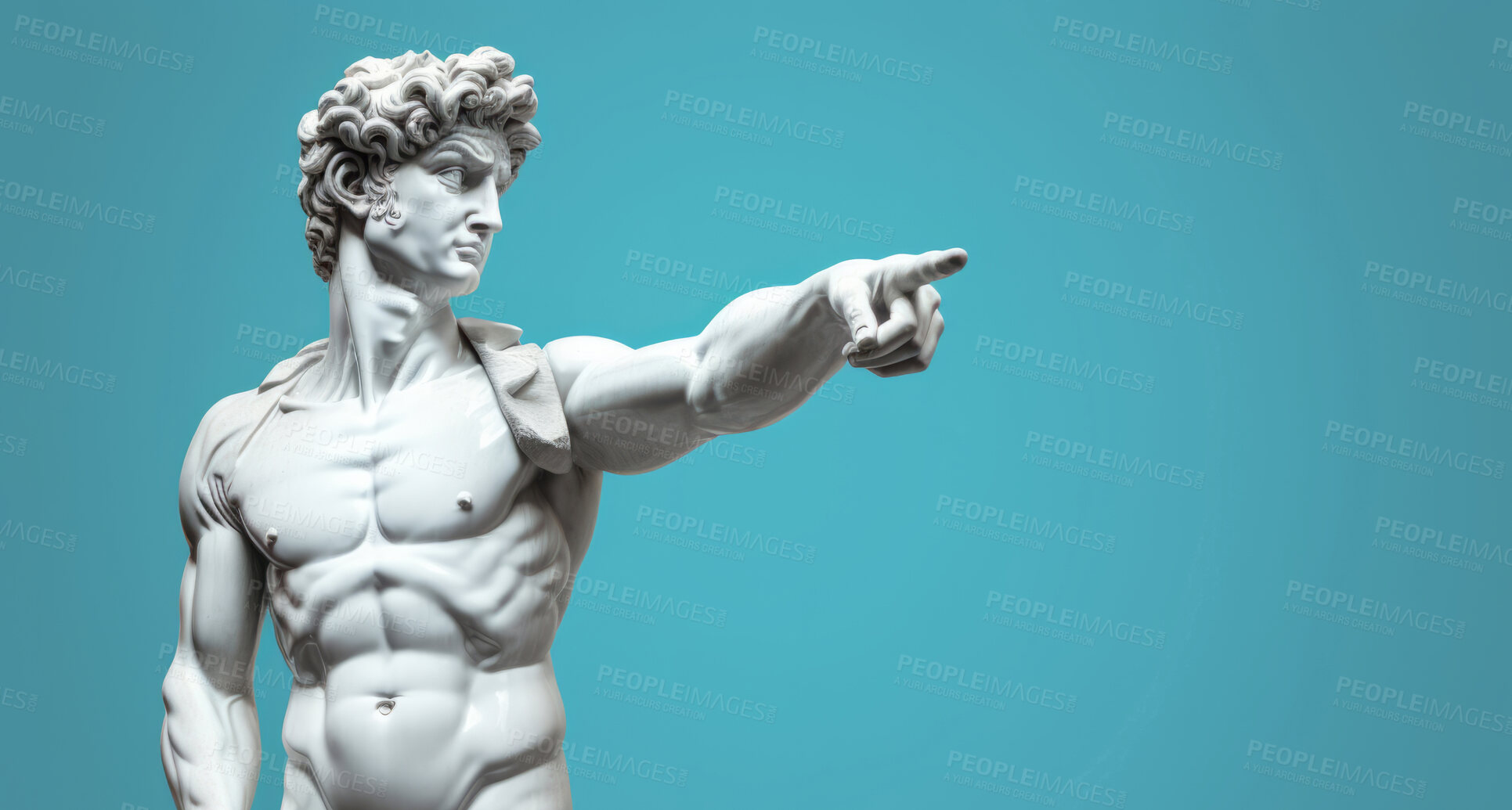 Buy stock photo Sculpture or statue of David pointing and looking on a blue background