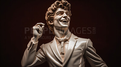 Smiling Sculpture or statue of David wearing a business suit on a dark background