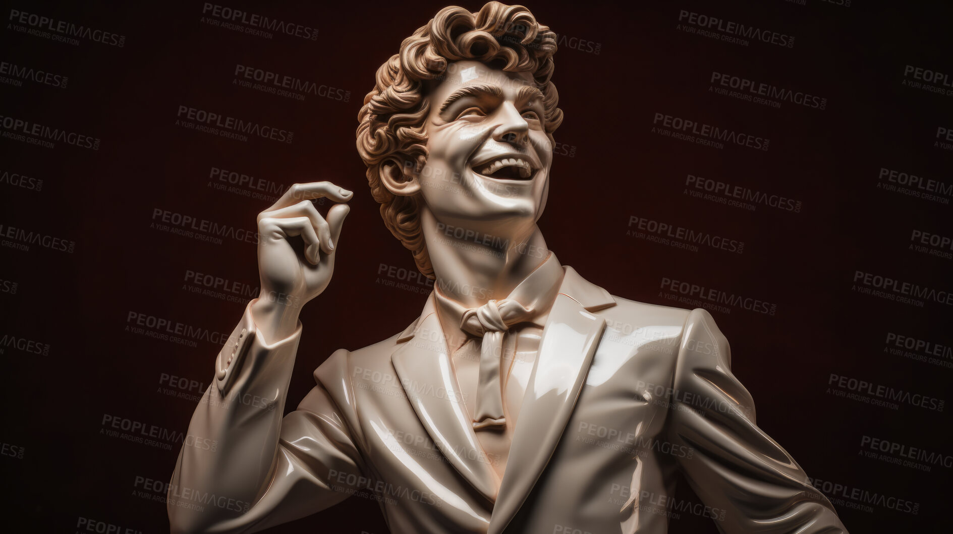 Buy stock photo Smiling Sculpture or statue of David wearing a business suit on a dark background