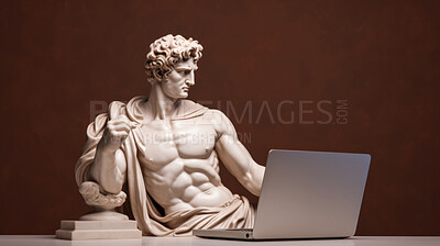 Sculpture or statue of David working on a modern laptop on a brown background