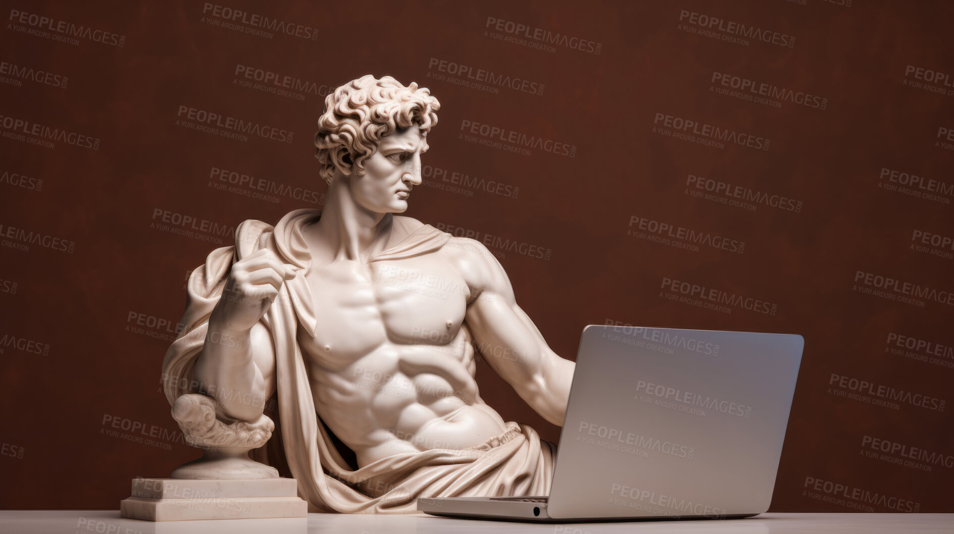 Buy stock photo Sculpture or statue of David working on a modern laptop on a brown background