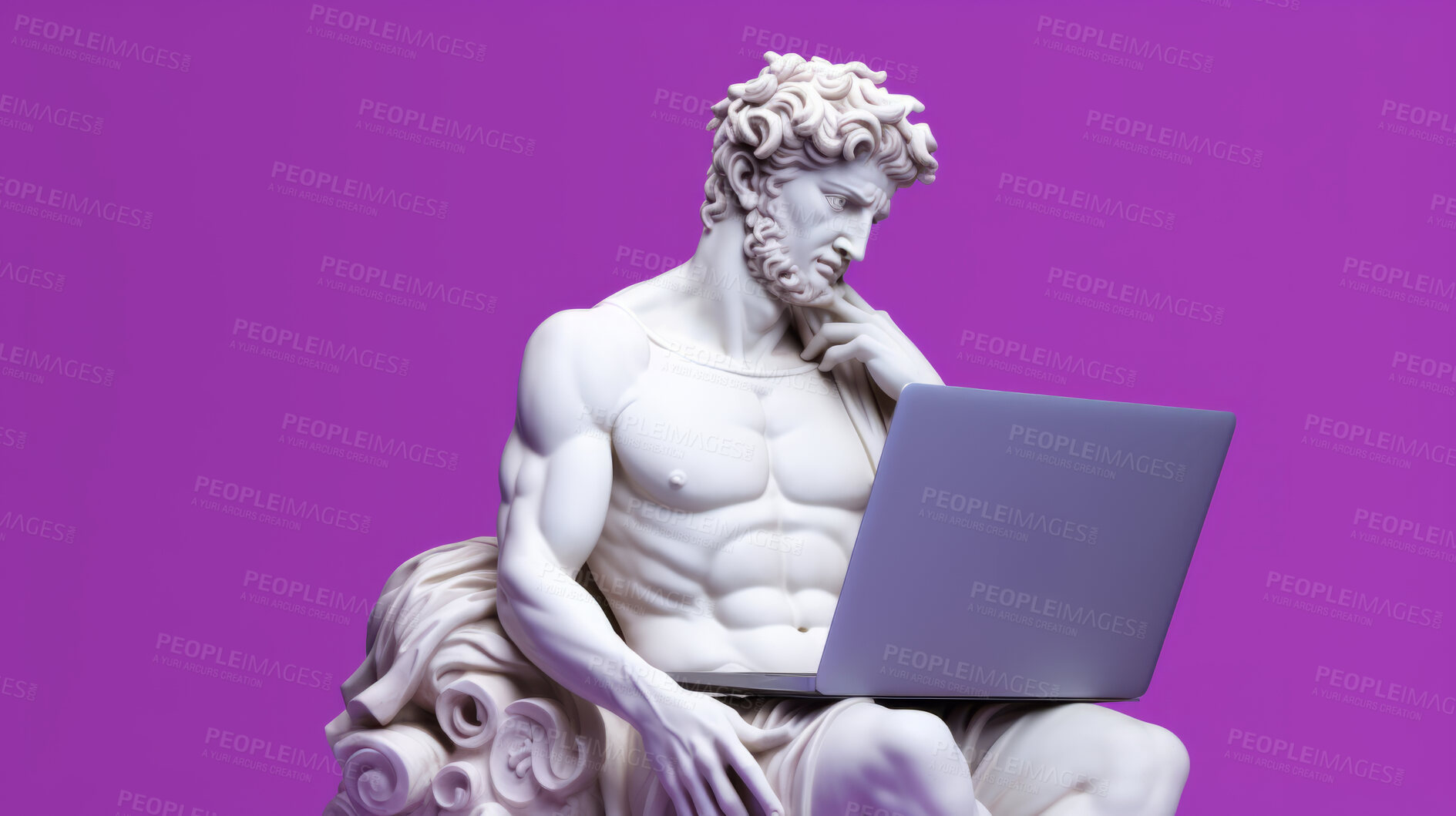 Buy stock photo Sculpture or statue of David working on a modern laptop on a purple background