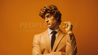 Buy stock photo Sculpture or statue of David with judging expression on an orange background