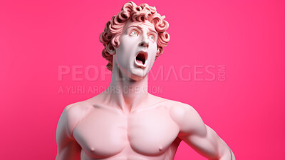 Buy stock photo Sculpture or statue of David with shocked or surprised expression on pink background