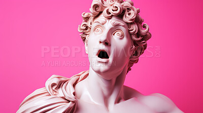 Buy stock photo Sculpture or statue of David with shocked or surprised expression on pink background