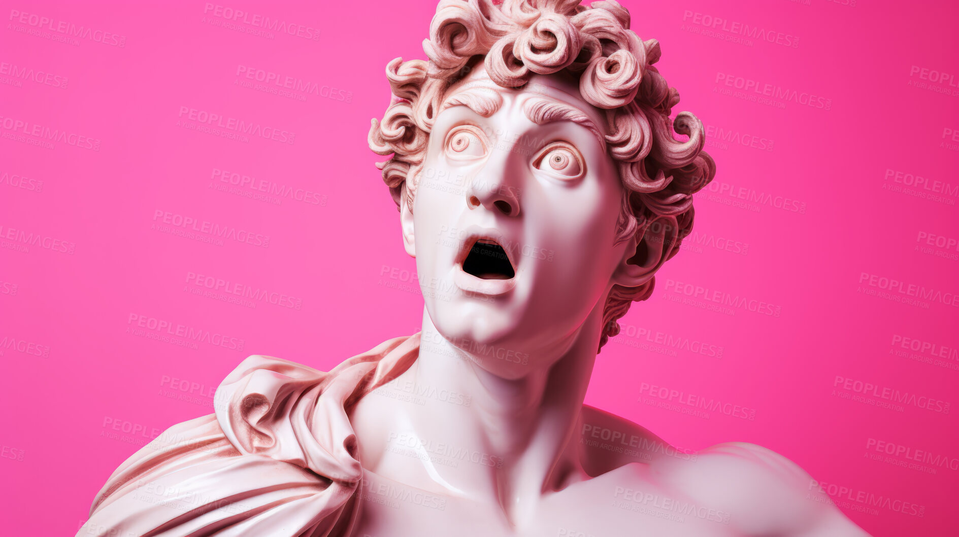 Buy stock photo Sculpture or statue of David with shocked or surprised expression on pink background