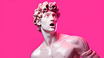 Sculpture or statue of David with shocked or surprised expression on pink background