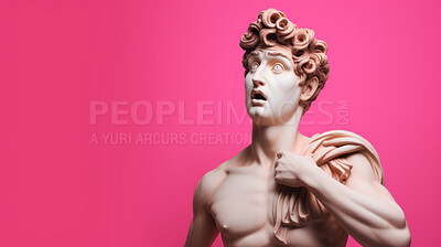 Buy stock photo Sculpture or statue of David with shocked or surprised expression on pink background