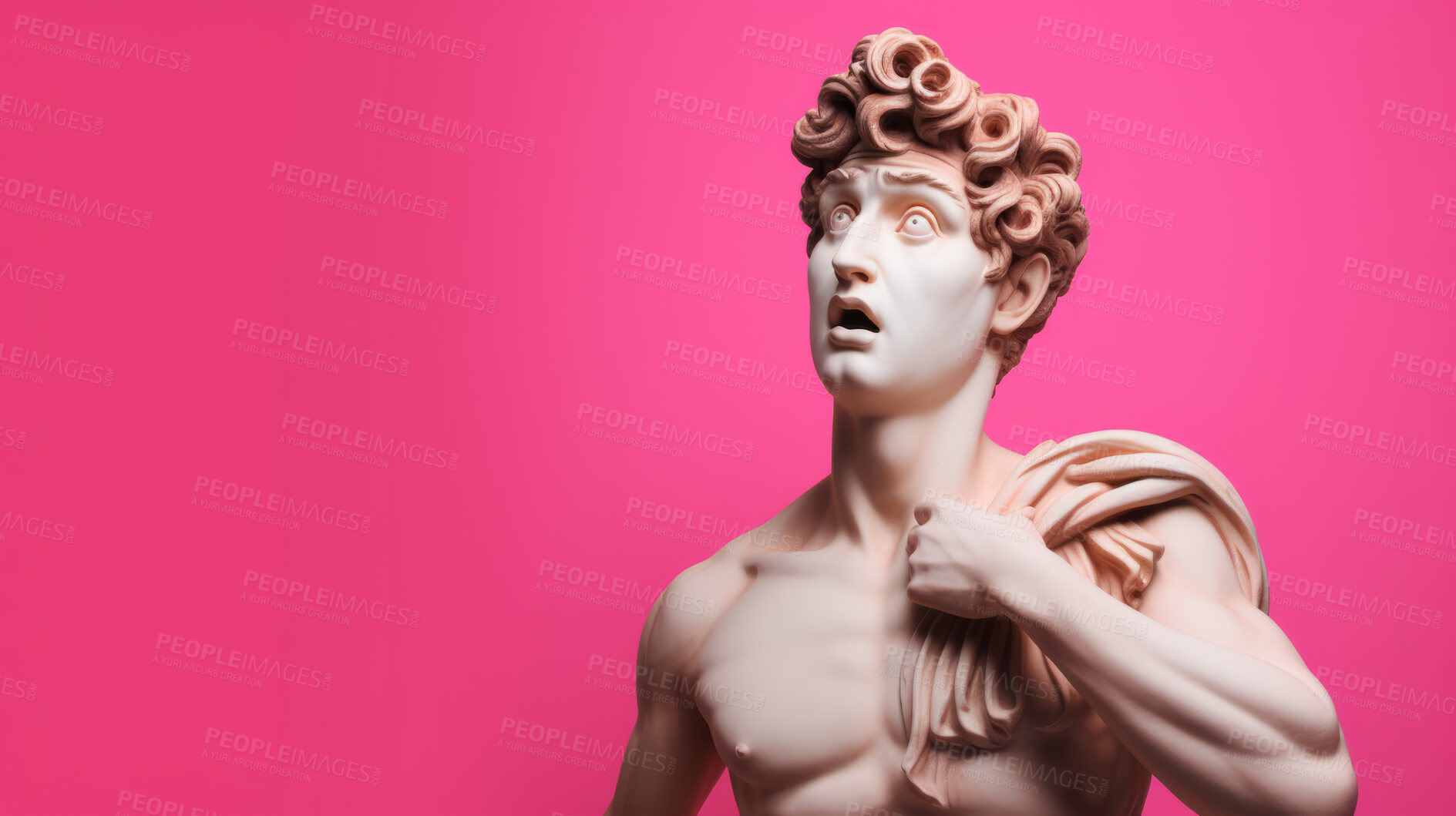 Buy stock photo Sculpture or statue of David with shocked or surprised expression on pink background