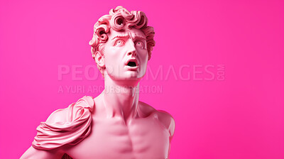 Sculpture or statue of David with shocked or surprised expression on pink background
