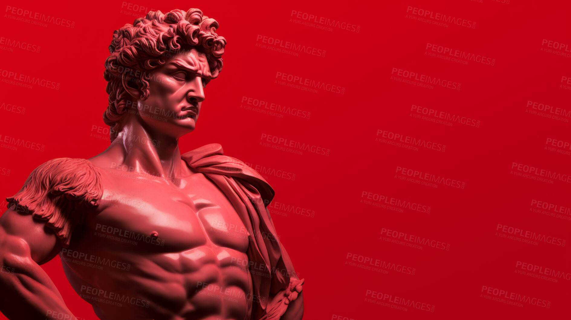 Buy stock photo Sculpture or statue of David with angry or annoyed expression on red background