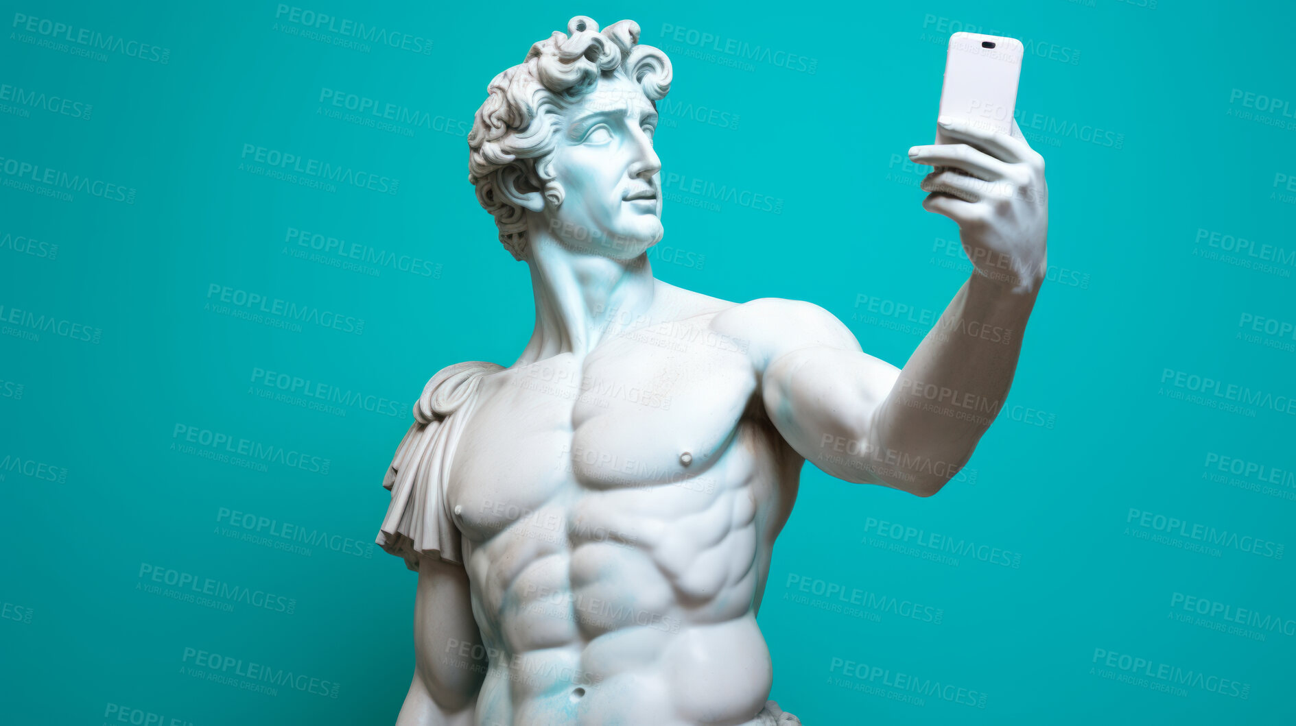 Buy stock photo Sculpture or statue of David taking a selfie on a cellphone against a blue background