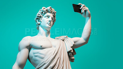 Sculpture or statue of David taking a selfie on a cellphone against a blue background